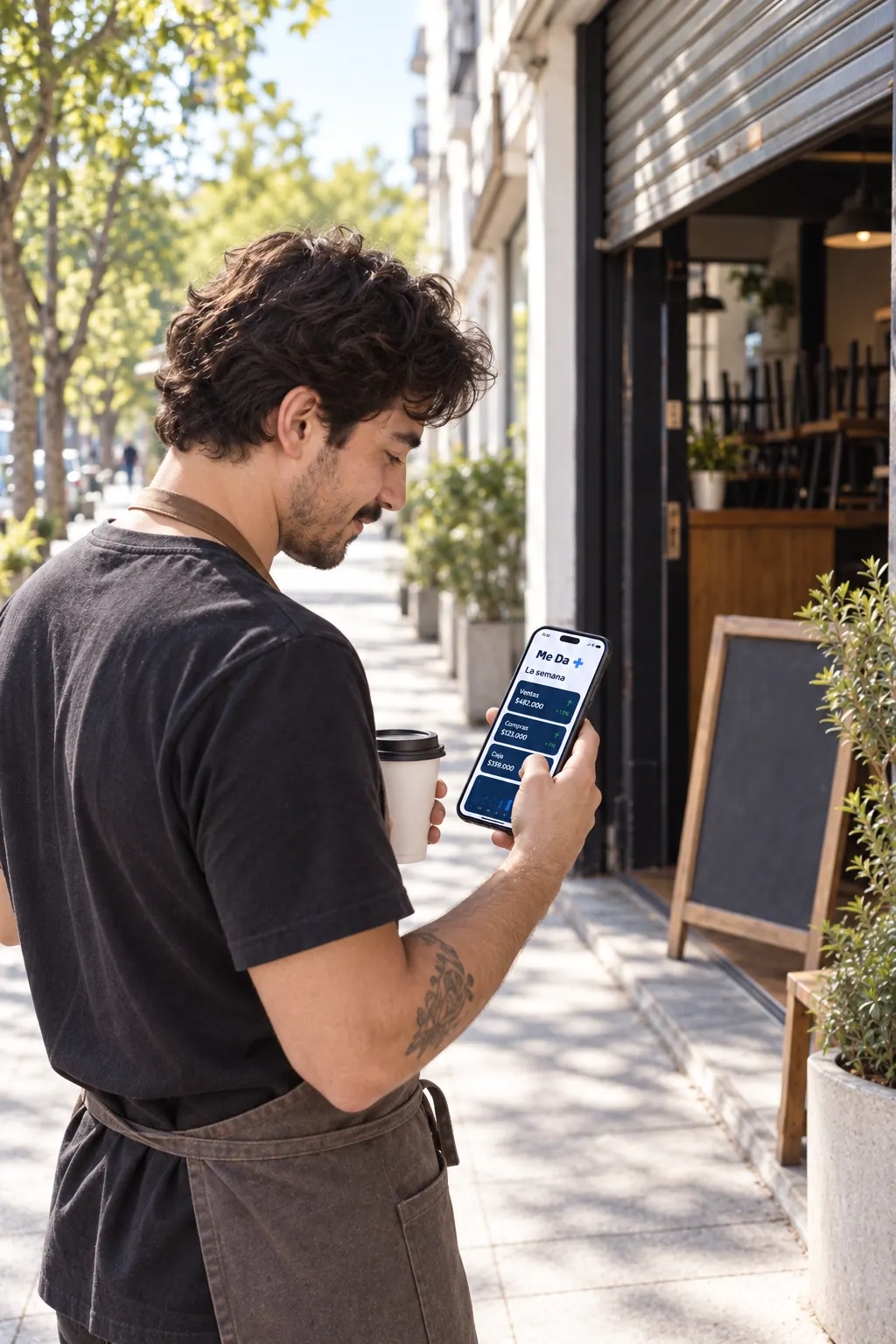 Dueño de una cafetería revisa su negocio en el teléfono a la entrada del local.