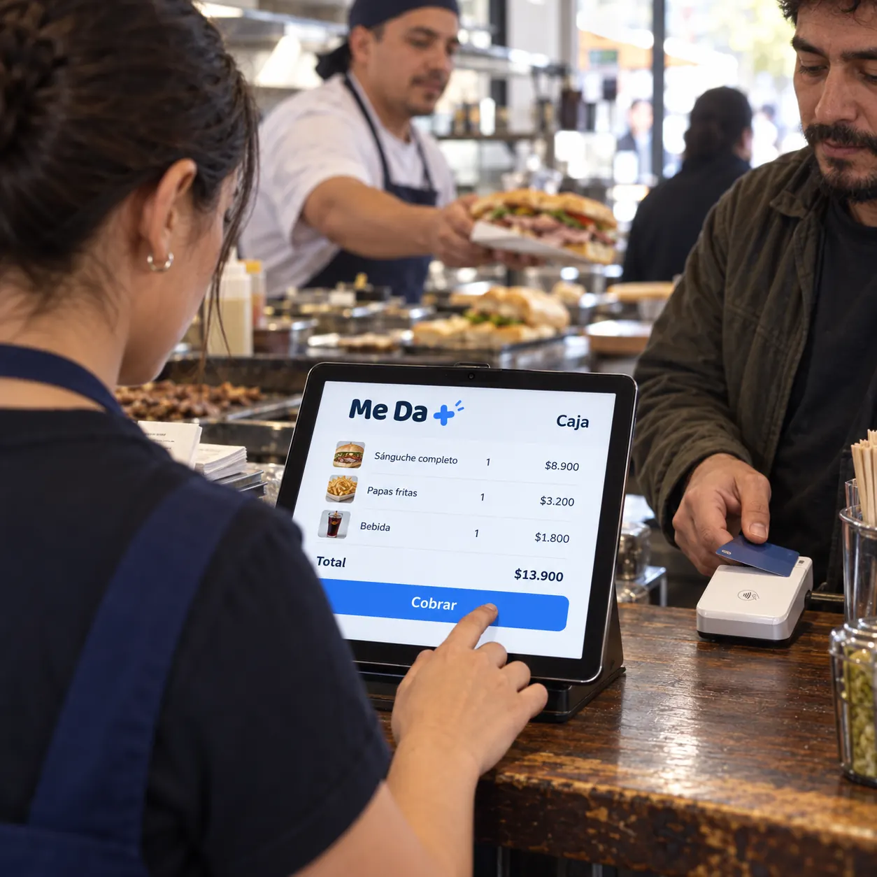 Cajera cobra en la tablet de Me Da + mientras el cliente paga con tarjeta.