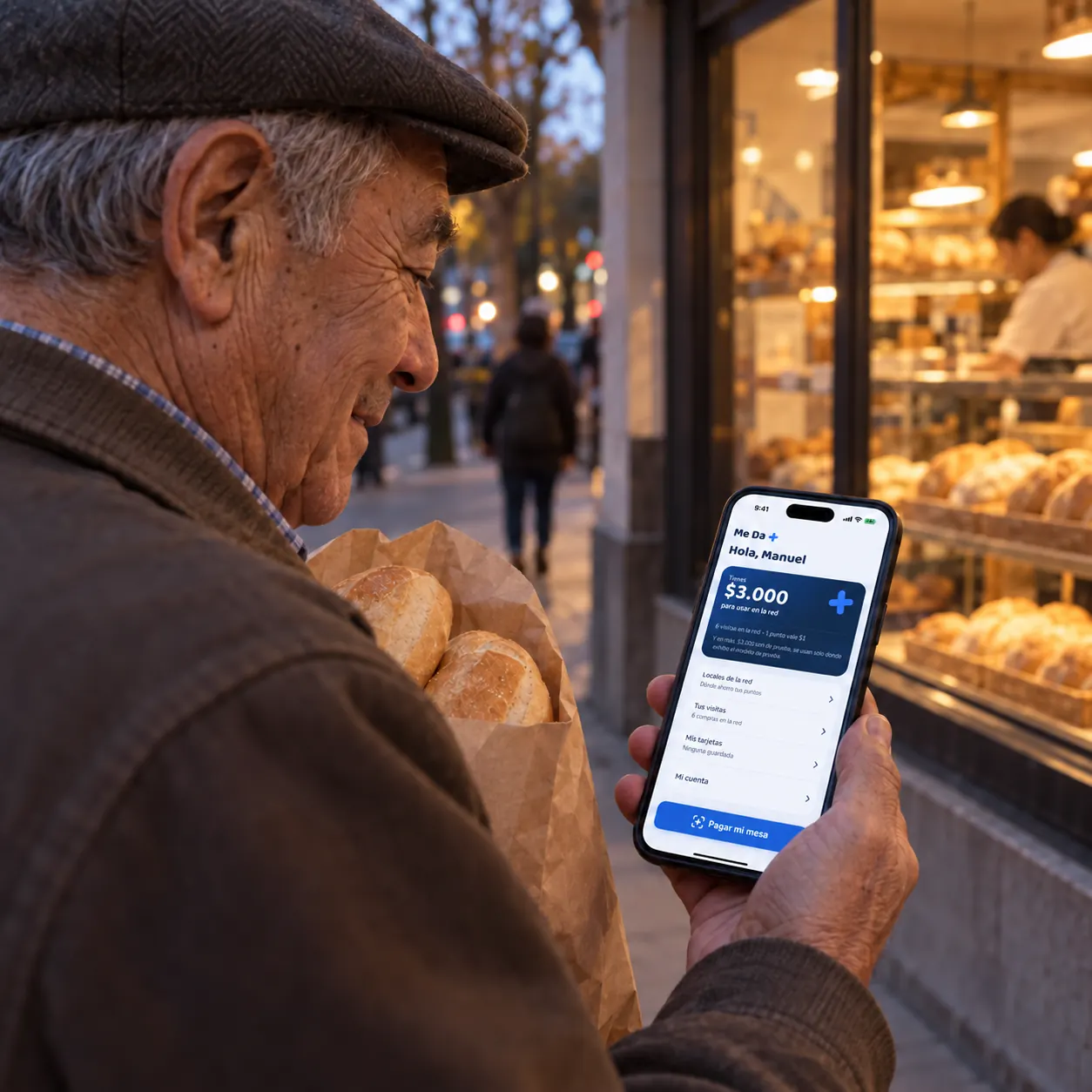 Cliente de una panadería mira los puntos que sumó en la app de Me Da +.